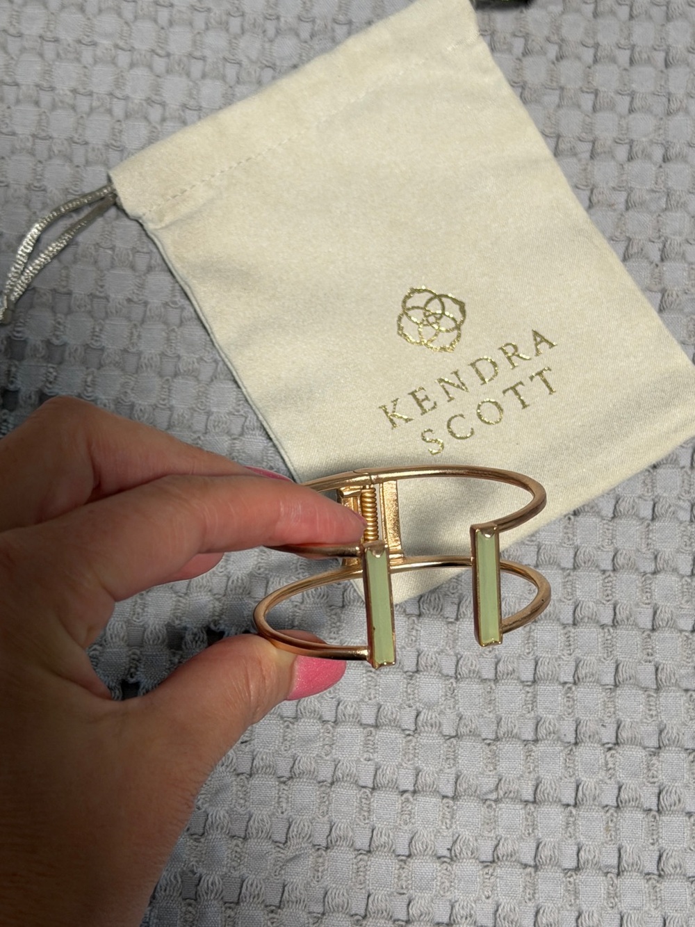 Kendra Scott Rose Gold Openwork Cuff Bracelet with Pale green sea glass  Accent